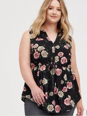 Como Vintage Black Floral Ruffle Peplum Blouse with Pink Roses
